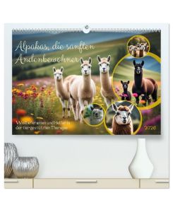 Alpakas, die sanften Andenbewohner (hochwertiger Premium Wandkalender 2026 DIN A2 quer), Kunstdruck in Hochglanz Wolllieferanten und Helfer in der tiergestützten Therapie - Claudia Kleemann